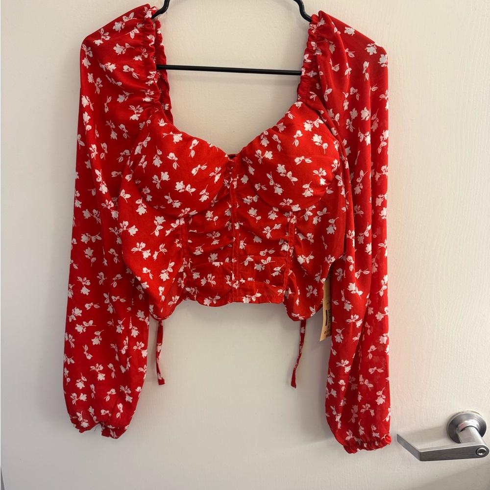 Red Ruched Crop Blouse with Long Sleeves